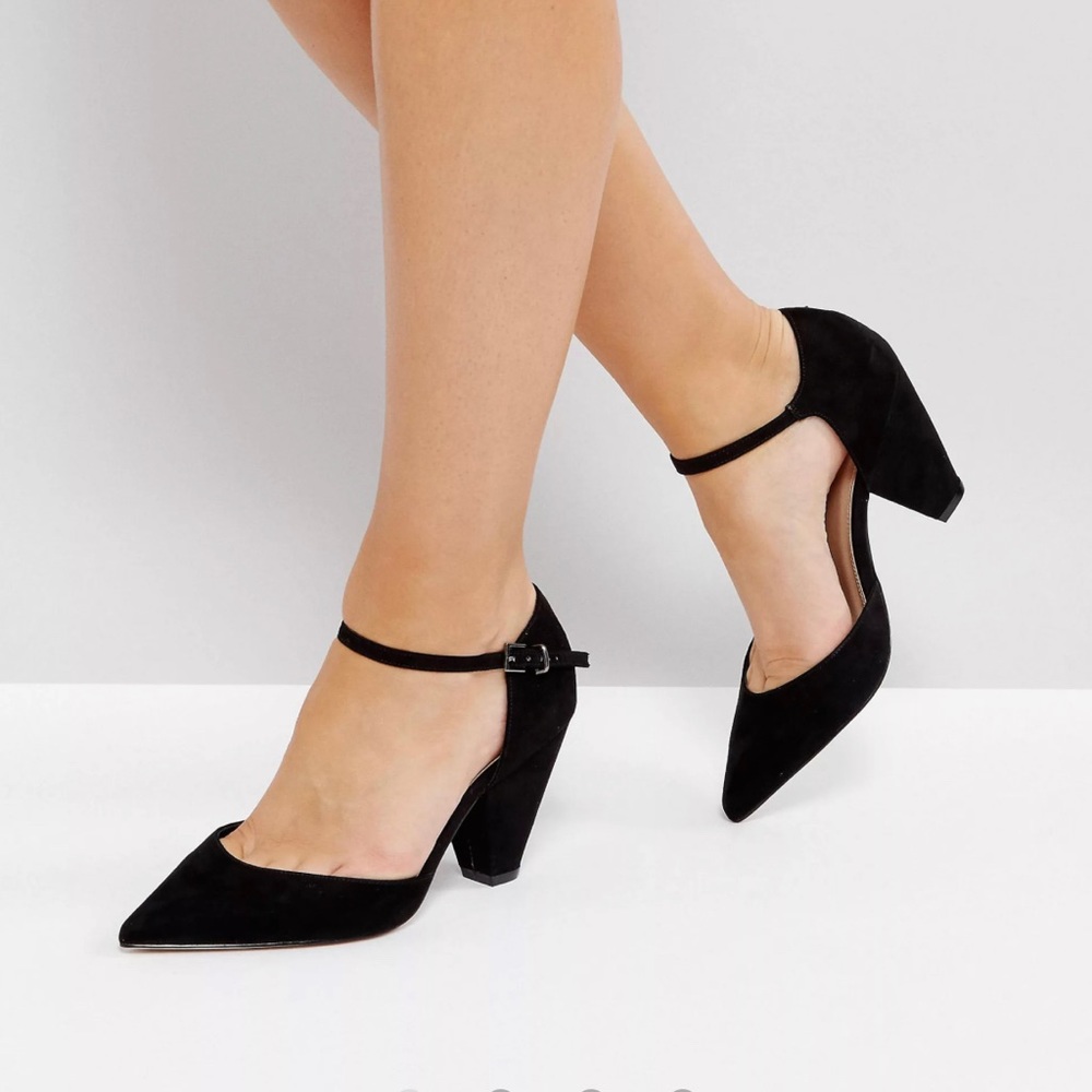 ASOS DESIGN Wide Fit Speaker Faux-suede pointed heels; Heel height: 3.5 inches
